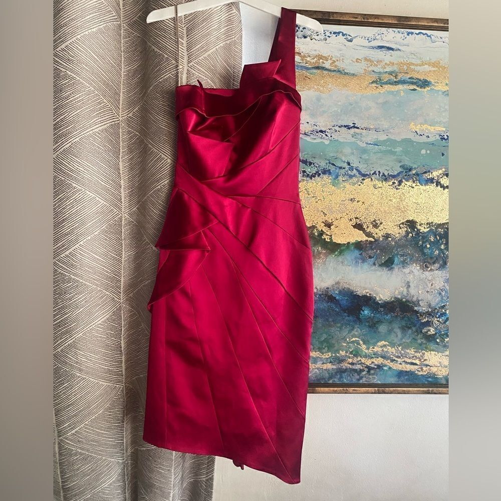 KAREN MILLEN England Pink  Satin One Shoulder Pleat Structure Pencil Dress Sz 4